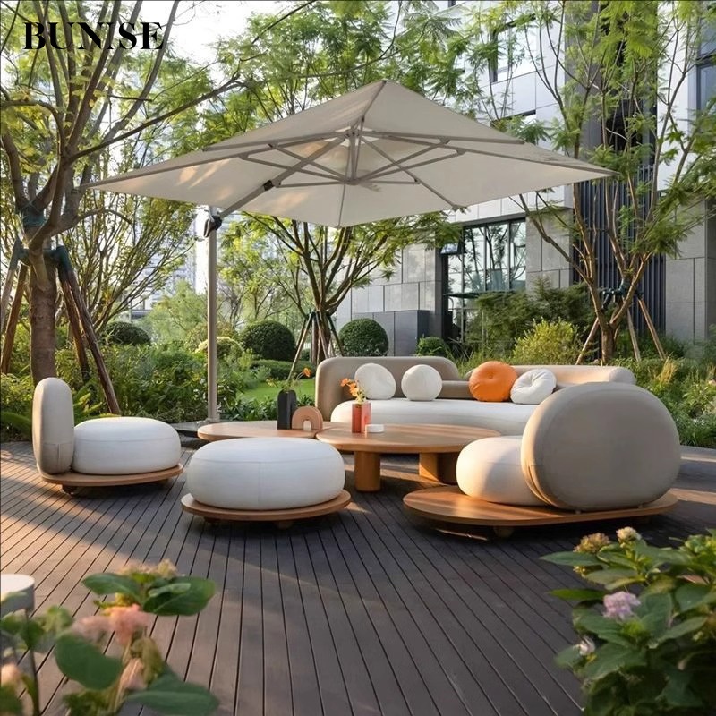 BUNISE P46 Teak Outdoor Lounge Set - Round Solid Wood Garden Sofa for Villa & Patio