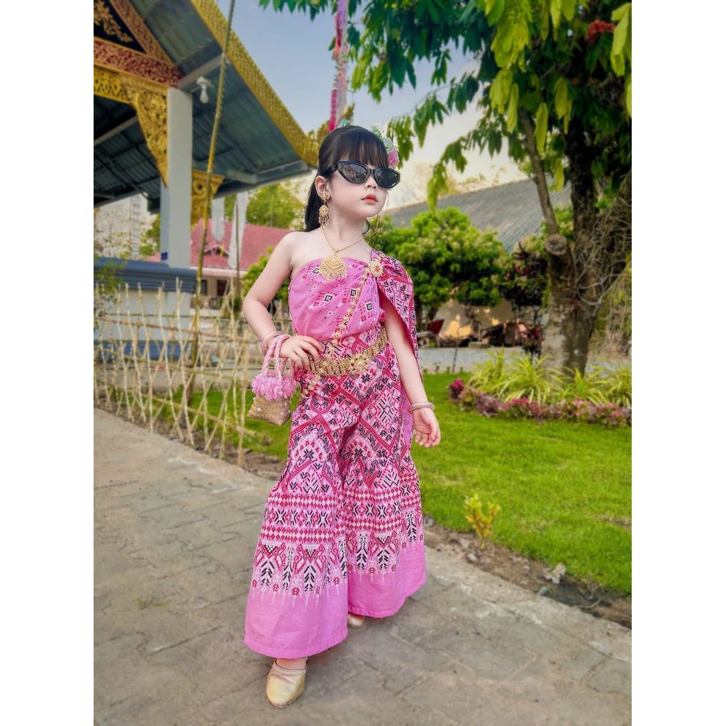 ชุดไทยเด็กหญิงประยุกต์2ชิ้น เกาะอกติดสไบ+กางเกงขาม้าเอวสม็อค ใส่สงกรานต์ใส่ทำบุญใส่ซัมเมอร์