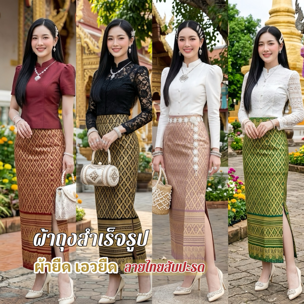 ผ้าถุงลายไทย ผ้ายืดสกินนี่ เอวยืด ลายอุตรดิตถ์ แบบสวมใส่ได้เลย ไม่มีซิป ไม่มีตะขอ เอวไม่สมอค