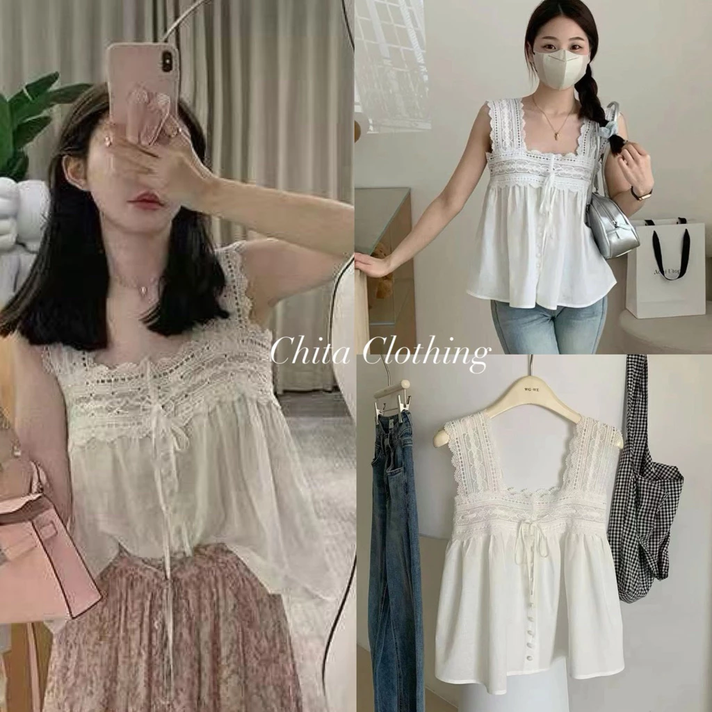 📍พร้อมส่ง📍8450#💌เสื้อแขนกุด คอเหลี่ยม งานผ้าฉลุ TAG WG.WE 🇰🇷🇰🇷