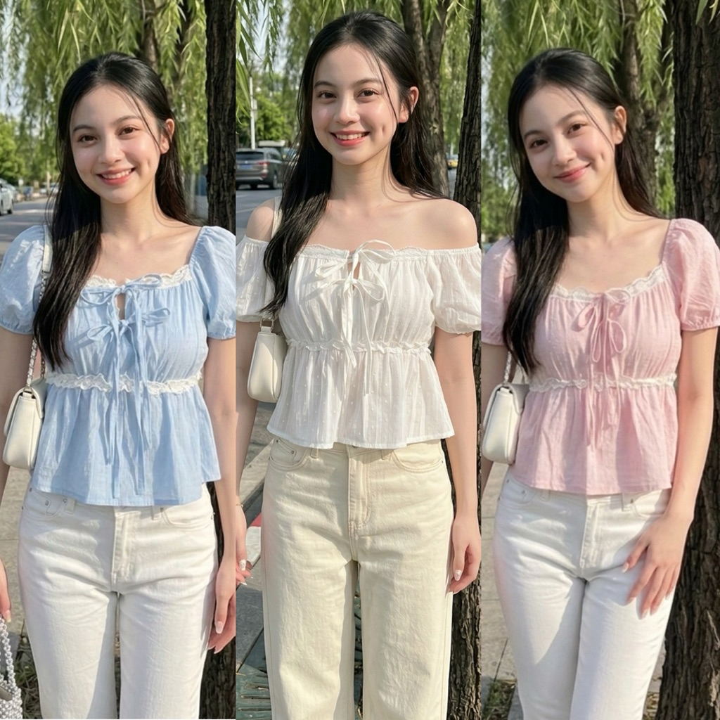 🌟Mamildya.shop🌟 เสื้อแขนตุ๊กตา จั้มเอว แต่งลูกไม้สวยมากกก ผ้าคอตตอนฉลุอย่างดี/N1-1  /PROD-คอตผูก
