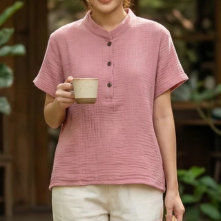 เสื้อสาลู 2ชั้น รุ่นคอจีน กระดุมไม้ ผ้าสาลู นุ่ม เบา ใส่สบาย