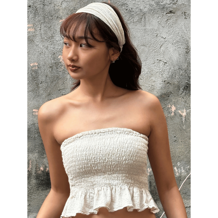 Laalinn F02 ดอกปีบ - เสื้อเกาะอกยางยืด ผ้าลินินผสมฝ้าย