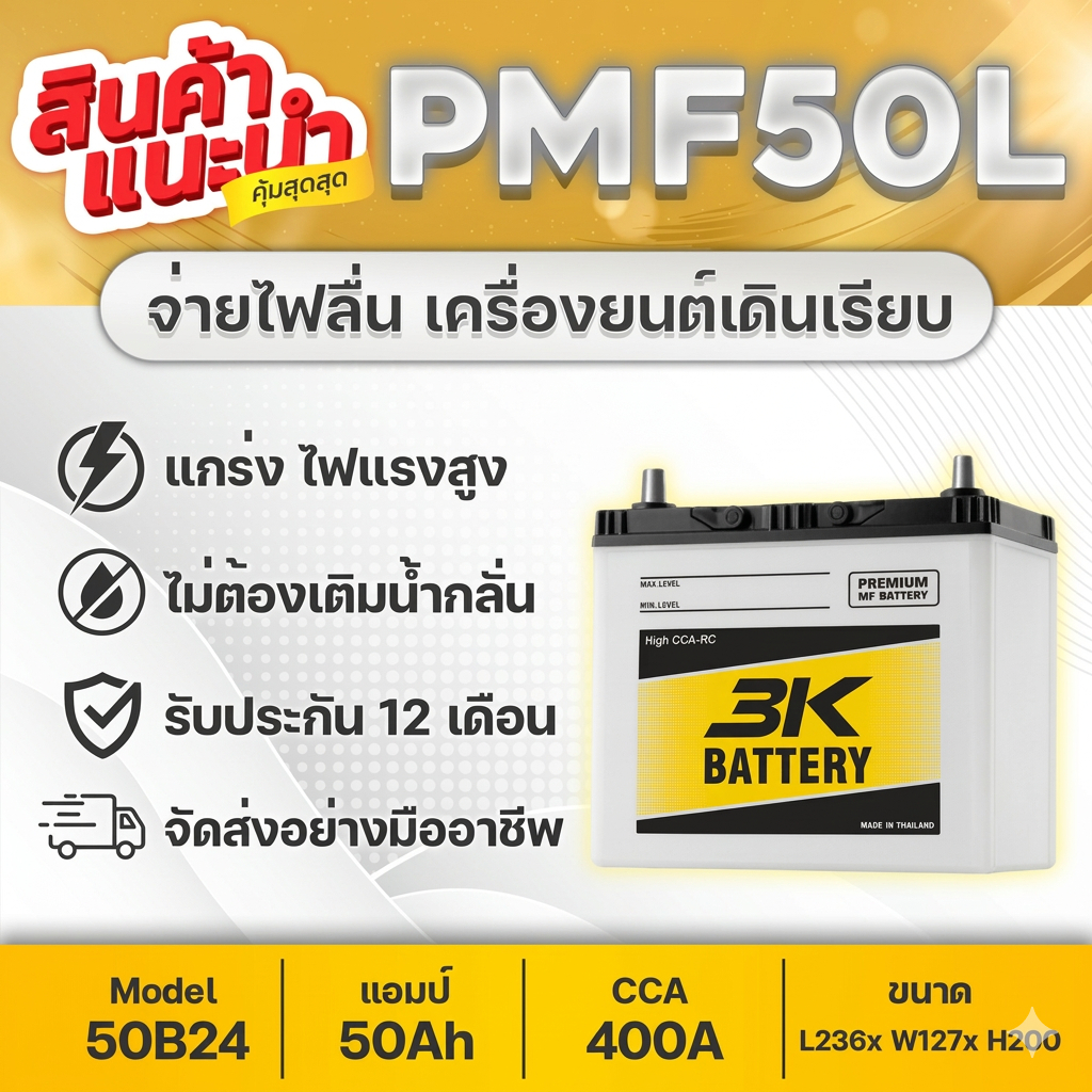 3K PMF50L 12V.50Ah แบตเตอรี่รถยนต์ [รถเก๋ง] สินค้าใหม่! แกะกล่องใช้งานได้ทันที ขายดีอันดับ 1