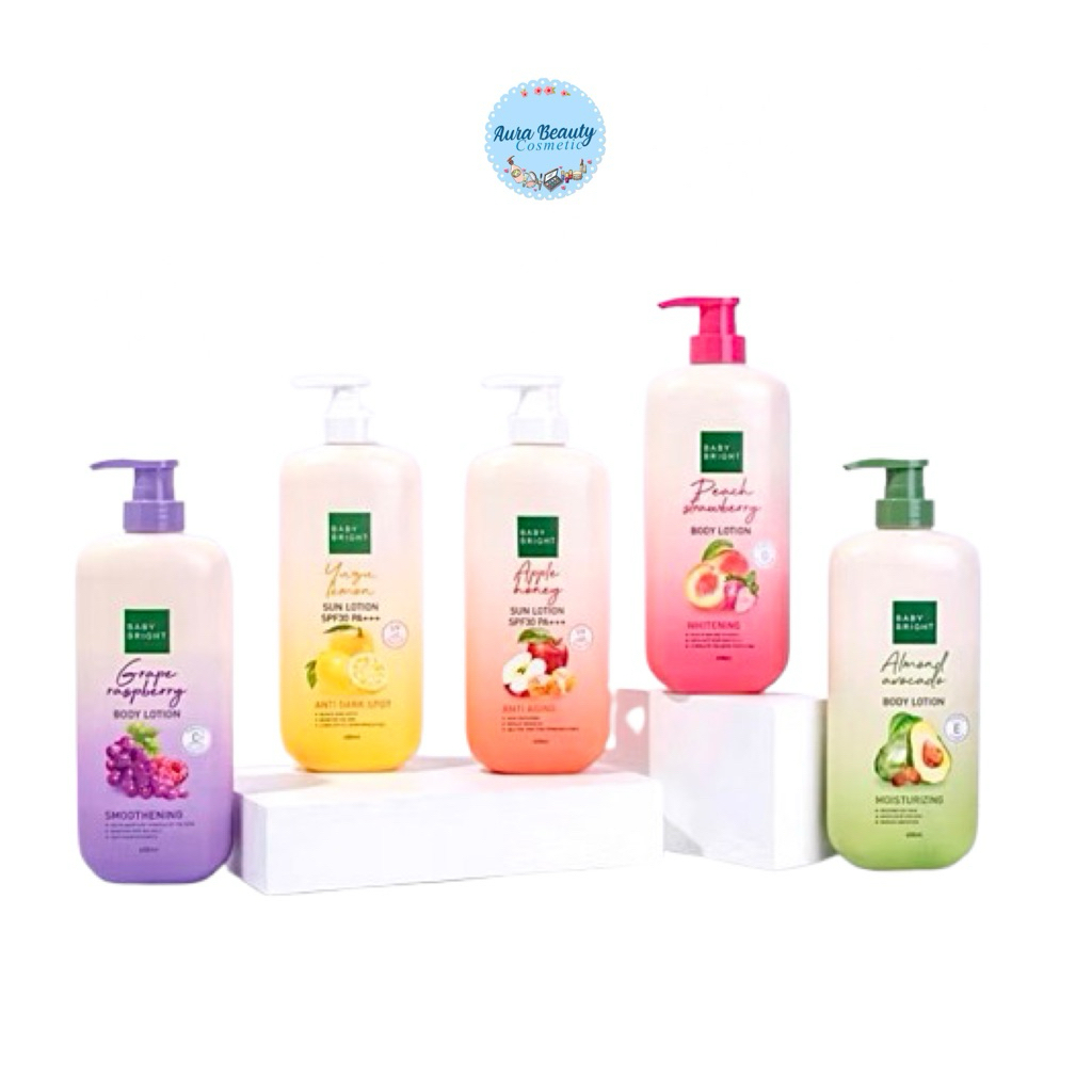 Baby Bright Sun Lotion SPF30 PA+++ 450 ml. โลชั่นผลไม้ 5 สูตร เบบี้ ไบร์ท ยูสุ พีช สตรอเบอรี่  อัลมอนต์ อโวคาโด องุ่น