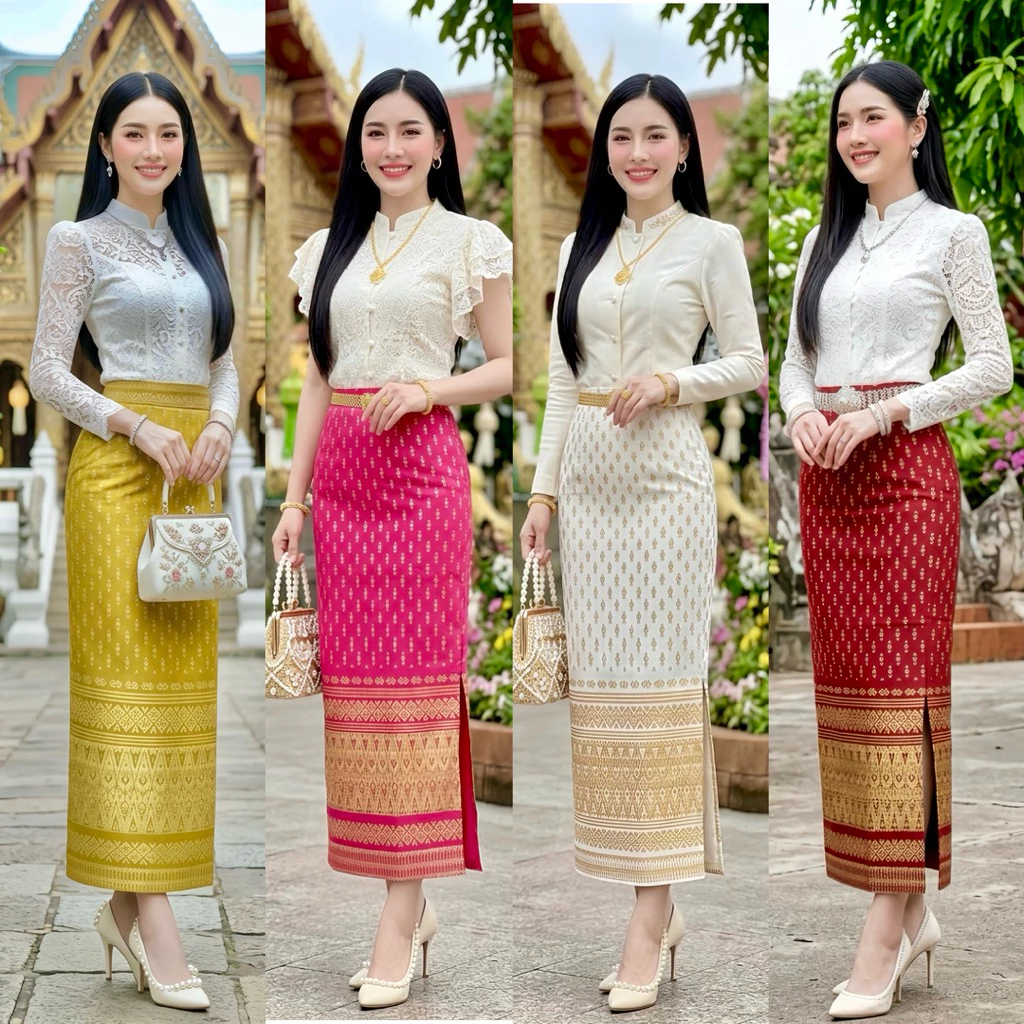 ผ้าถุงลายไทย ผ้ายืดสกินนี่ เอวยืด ลายอุตรดิตถ์ แบบสวมใส่ได้เลย ไม่มีซิป ไม่มีตะขอ เอวไม่สมอค