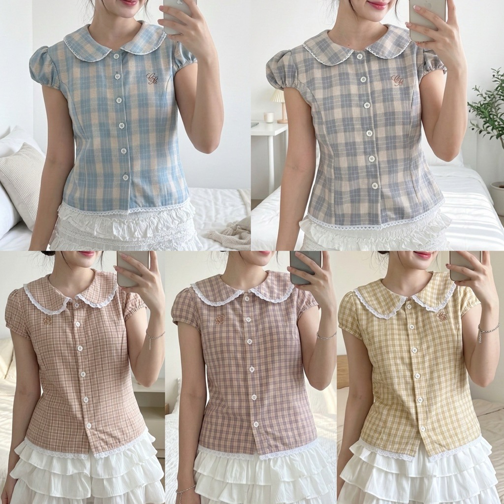 Mamildya.shop  เสื้อเชิ้ตคอปกทรงคอบัวแต่งขอบลูกไม้ ทรงแขนดอลลี่ / G2-12/COOK-ดอล10⚫ – โปรปัง