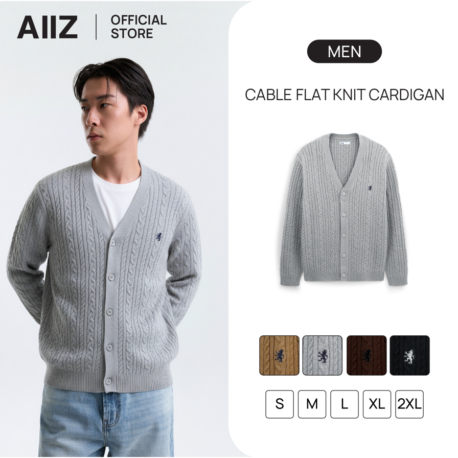 AIIZ เสื้อคาร์ดิแกนคอวีผู้ชาย ผ้าถักทอลายเคเบิล AIIZ Men's Cable Flat Knit Cardigan
