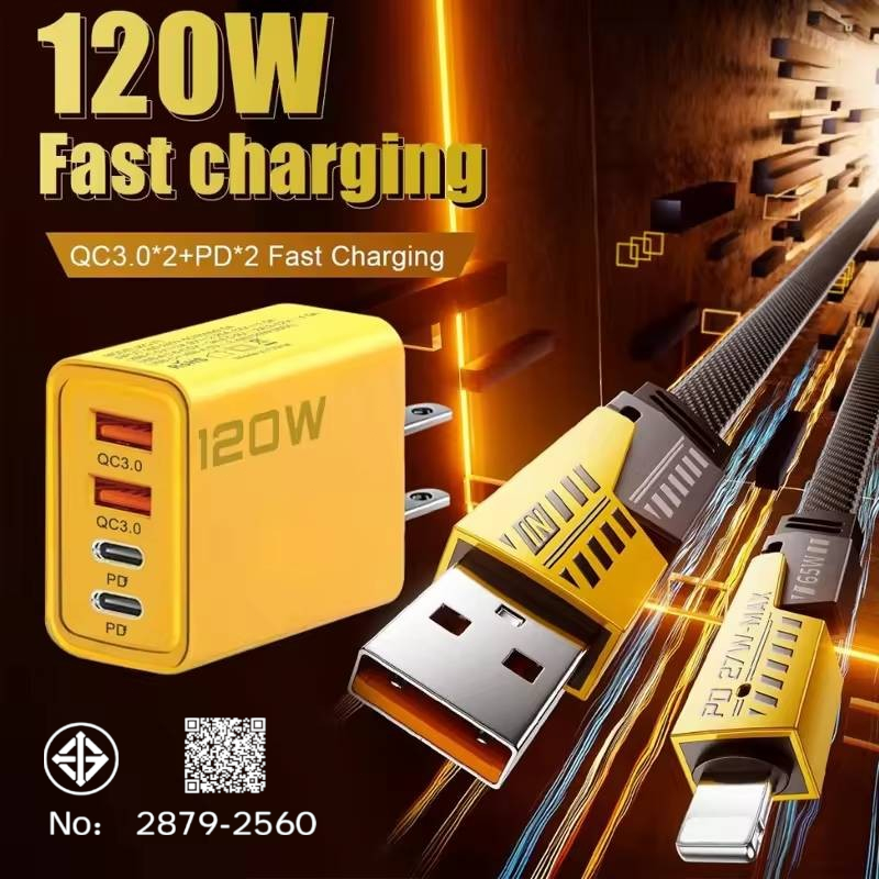 สายชาร์จ 4in1 65W ไนล่อนถัก ชาร์จเร็ว Type-C/iOS สายชาร์จสำหรับ iP หลายหัว