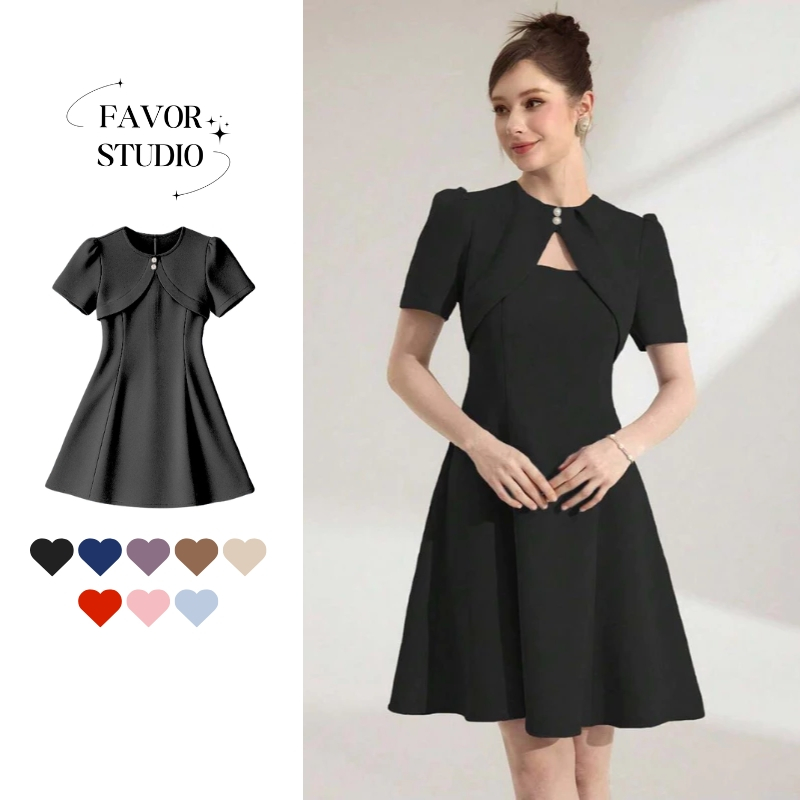 【S-6XL】💖เดรสออกงาน ดีไซน์สองชิ้นหลอก เรียบร้อย ทรงเอไลน์ คอกลม กระดุมมุก เดรสพลัสไซซ์ สาวอวบ ชุดไปงานแต่งพร้อมส่งจากไทย✨
