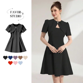 【S-6XL】💖เดรสออกงาน ดีไซน์สองชิ้นหลอก เรียบร้อย ทรงเอไลน์ คอกลม กระดุมมุก เดรสพลัสไซซ์ สาวอวบ ชุดไปงานแต่งพร้อมส่งจากไทย✨