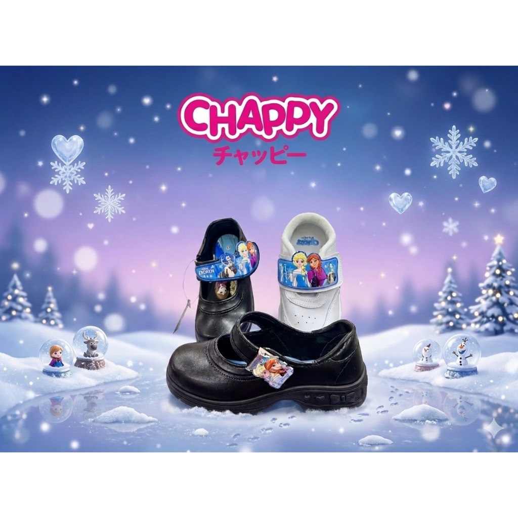 CHAPPY รุ่นเทป มีไฟกระพริบ รุ่นตัวล็อค ลายเจ้าหญิงเอลซ่า รองเท้านักเรียนหญิง หนังดำ CF-267 CF-2569 สีขาว CF-2566