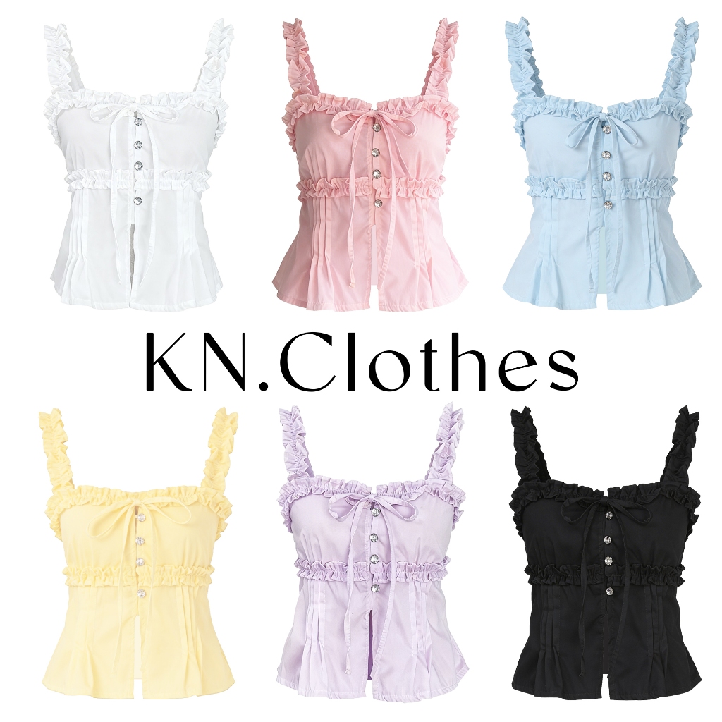 KN.Clothes เสื้อสายเดี่ยว แต่งระบาย กระดุมเพชร กระดุมคล้อง เย็บตีเกล็ดใต้หน้าอก สม็อคด้านหลัง