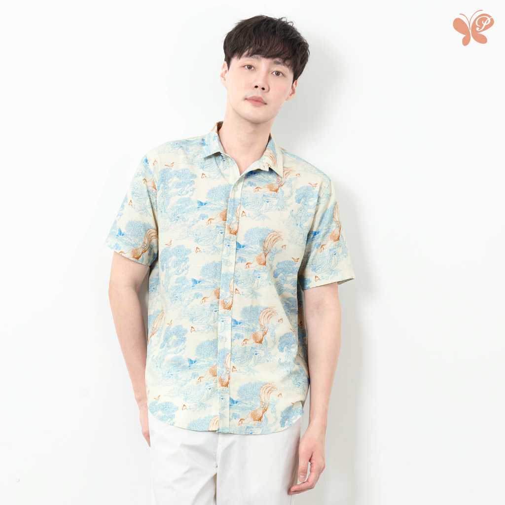 เสื้อเชิ้ตผู้ชาย [Papillon] Men Classic Fit Shirt ทรงคลาสสิก ผ้า Cotton Rayon Blend เนื้อนุ่มใส่สบาย พิมพ์ลายไก่ฟ้าพญาลอ
