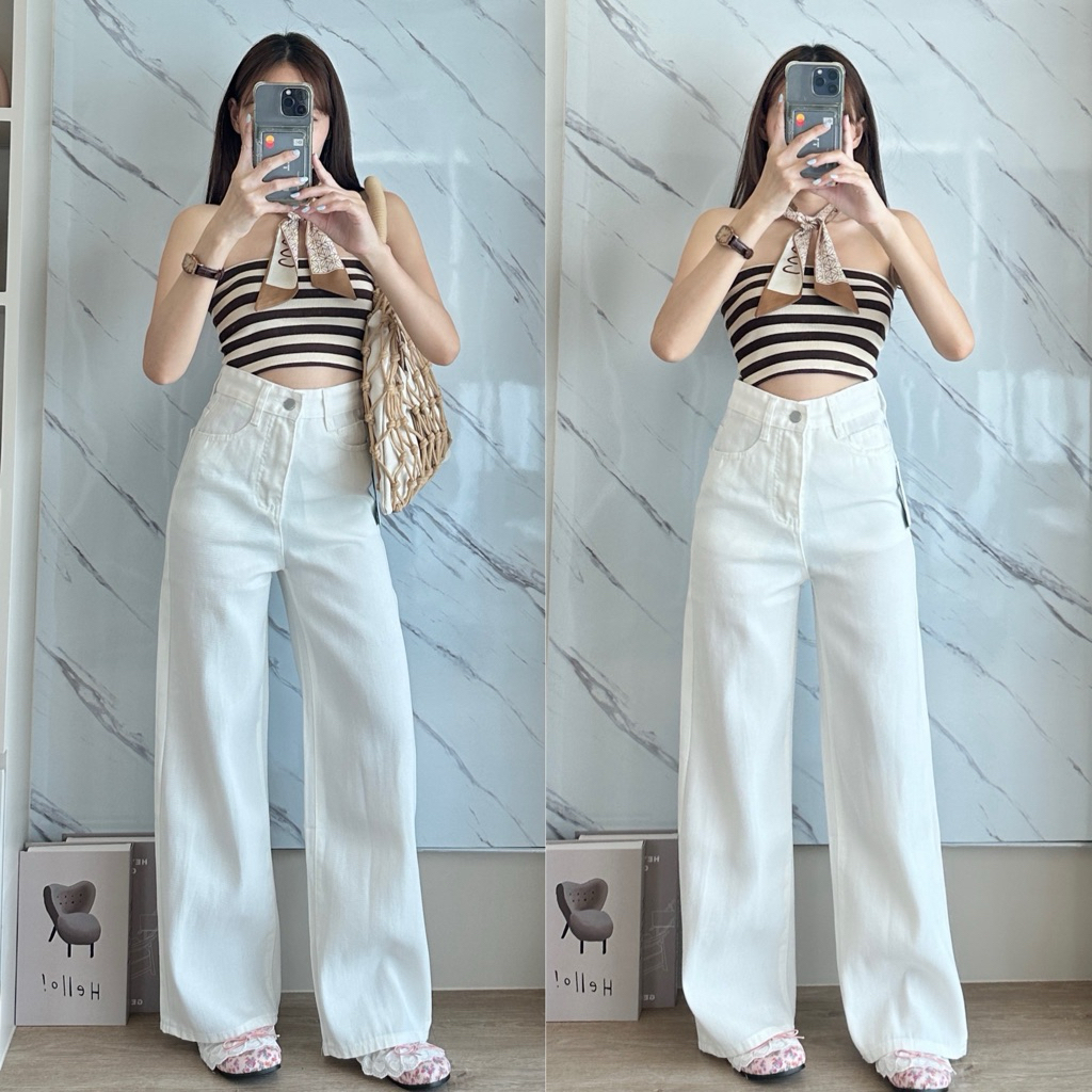CHANA : White Basic Jeans กางเกงยีนส์สีขาว #3026 ( B335 ) กระบอกใหญ่เอวสูง ผ้าไม่ยืด