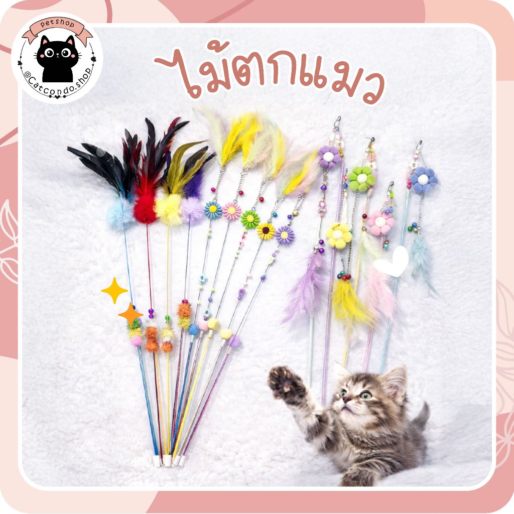 ไม้ตกแมว+โซ่ขนนกดอกไม้  ไม้ตกแมวลูกบอลcatnip (สีสุ่ม) ไม้ตกแมวปอมๆ+ขนนก ไม้ตกแมวขนนกแฟนซี ด้ามไม้ยาว ลูกปอมสีสด