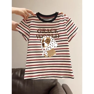 เสื้อยืดลายทางลายสุนัขสุดน่ารัก สไตล์เกาหลี ผ้าคอตตอนคุณภาพดี M-3XL ใส่สบายไม่ร้อน เหมาะใส่ทุกวัน