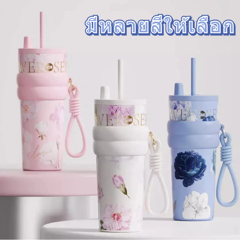 UCOCOLLA Floral Series 710ml แก้วกาแฟสแตนเลสซับเซรามิกพร้อมฝาปิดกระติกน้ําสูญญากาศ แก้วเก็บความเย็น thumbnail 10