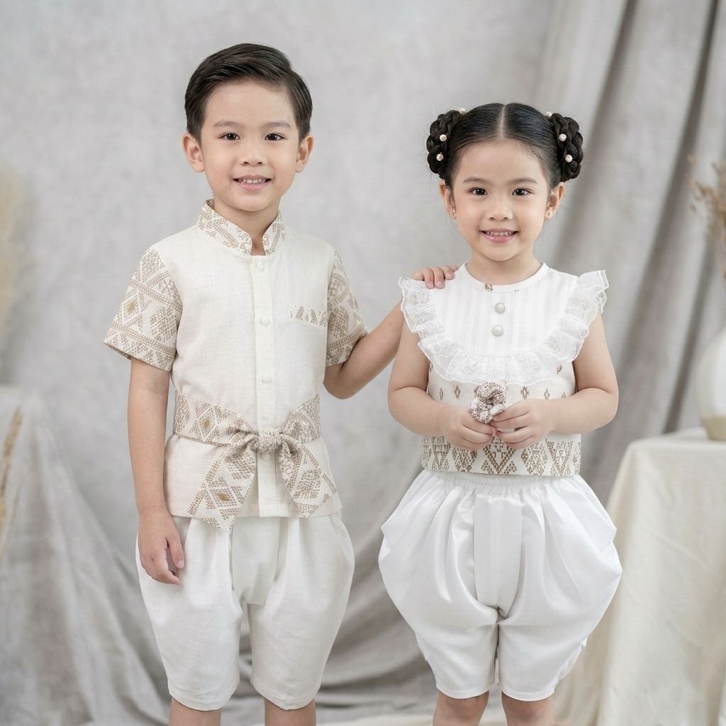 ชุดไทยคู่เด็กผู้ชายเด็กผู้หญิง ชุดไทยใส่ไปโรงเรียน ชุดไทยวันสงกรานต์งานไทยตรงปก