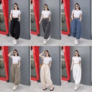 กางเกงขายาว 8 ส่วน lll Freesize lll COM531.1 ทรงขาบอลลูน ปลายขาจั๊ม เอวสม็อก มีกระเป๋าข้าง เนื้อผ้าไหมอิตาลีอย่างดี