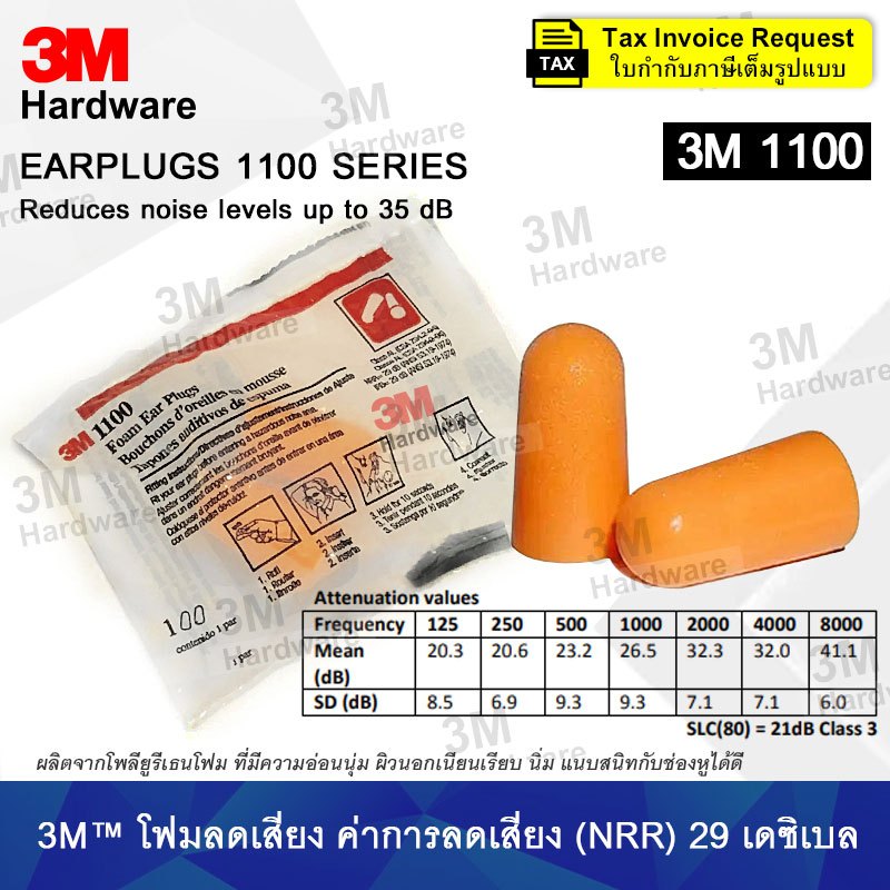 3M 1100 (แพ็คเกจไทย) Earplugs (1 คู่) ปลั๊กอุดหูลดเสียง โฟมอุดหู เบา นิ่มไม่เจ็บหู ลดเสียงได้ดี