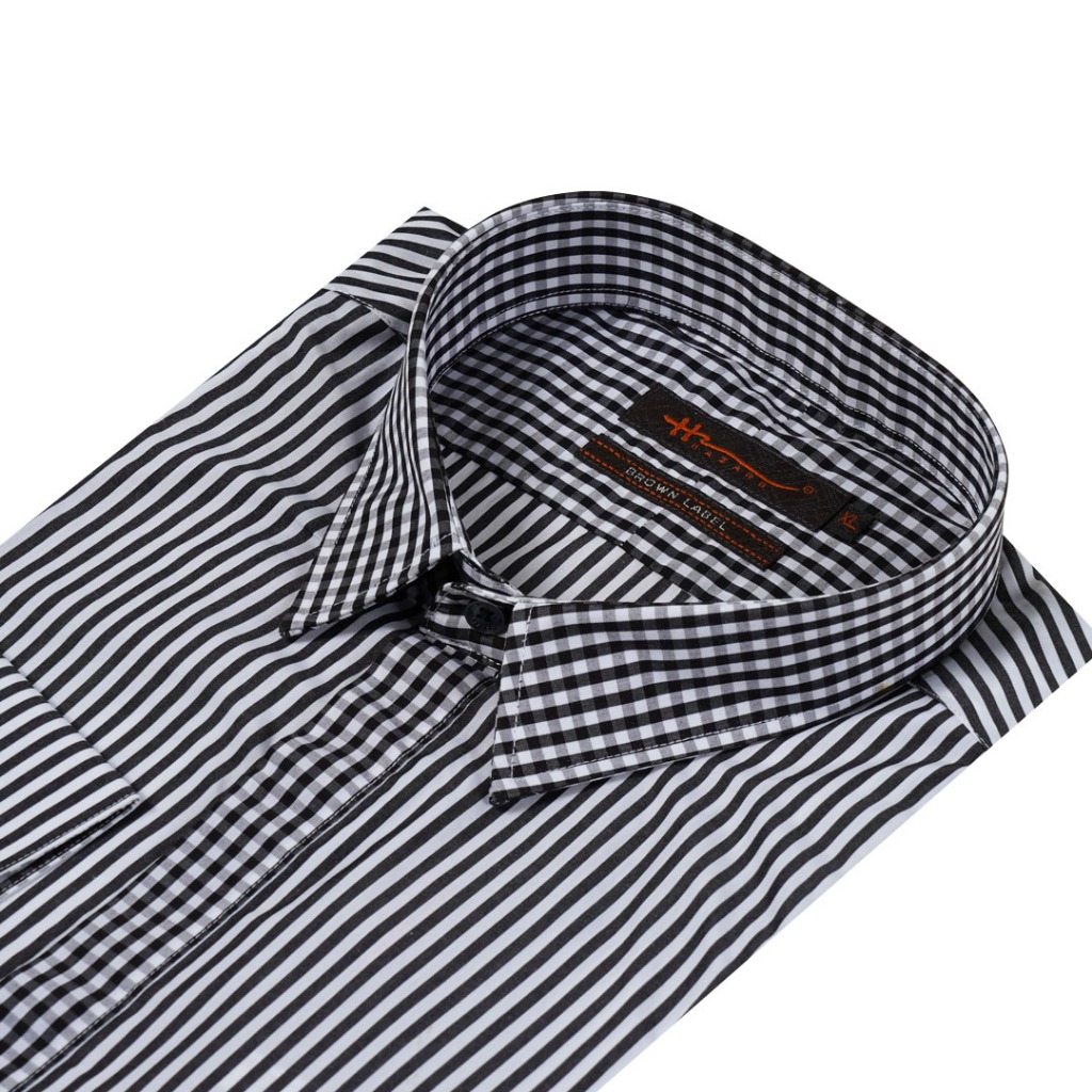 Hazard เสื้อเชิ้ตทำงานแขนยาวลายทาง ผ้า Cotton (คอตตอน) สีดำ