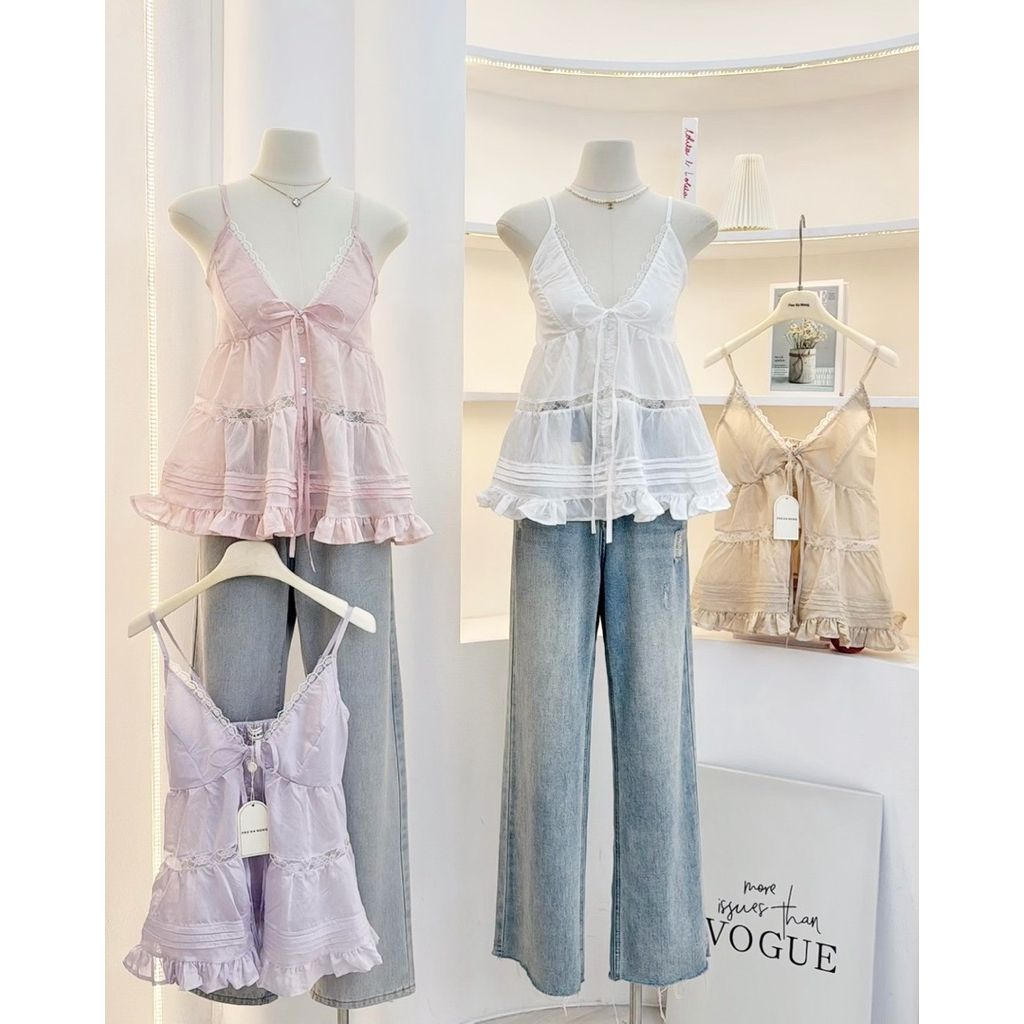 NN762 เสื้อสายเดี่ยวคอวี แต่งขอบลูกไม้ ผูกโบว์อก Peekanong🌷