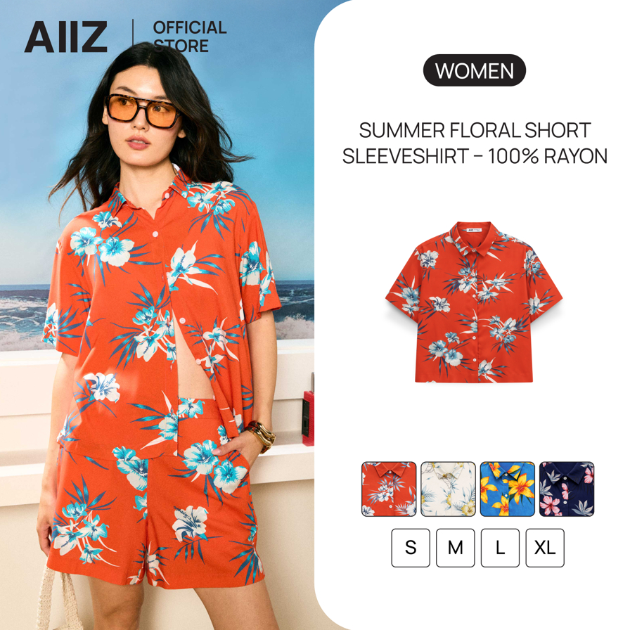 AIIZ Songkran Traveler เสื้อเชิ้ตลายดอกผู้หญิง แขนสั้น ผ้าเรยอน 100%