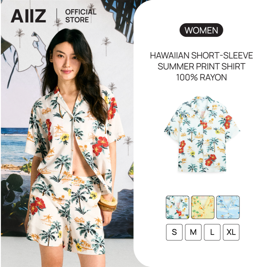 AIIZ (เอ ทู แซด) - AIIZ เสื้อเชิ้ตฮาวายผู้หญิง แขนสั้น ลายซัมเมอร์ ผ้าเรยอน 100%