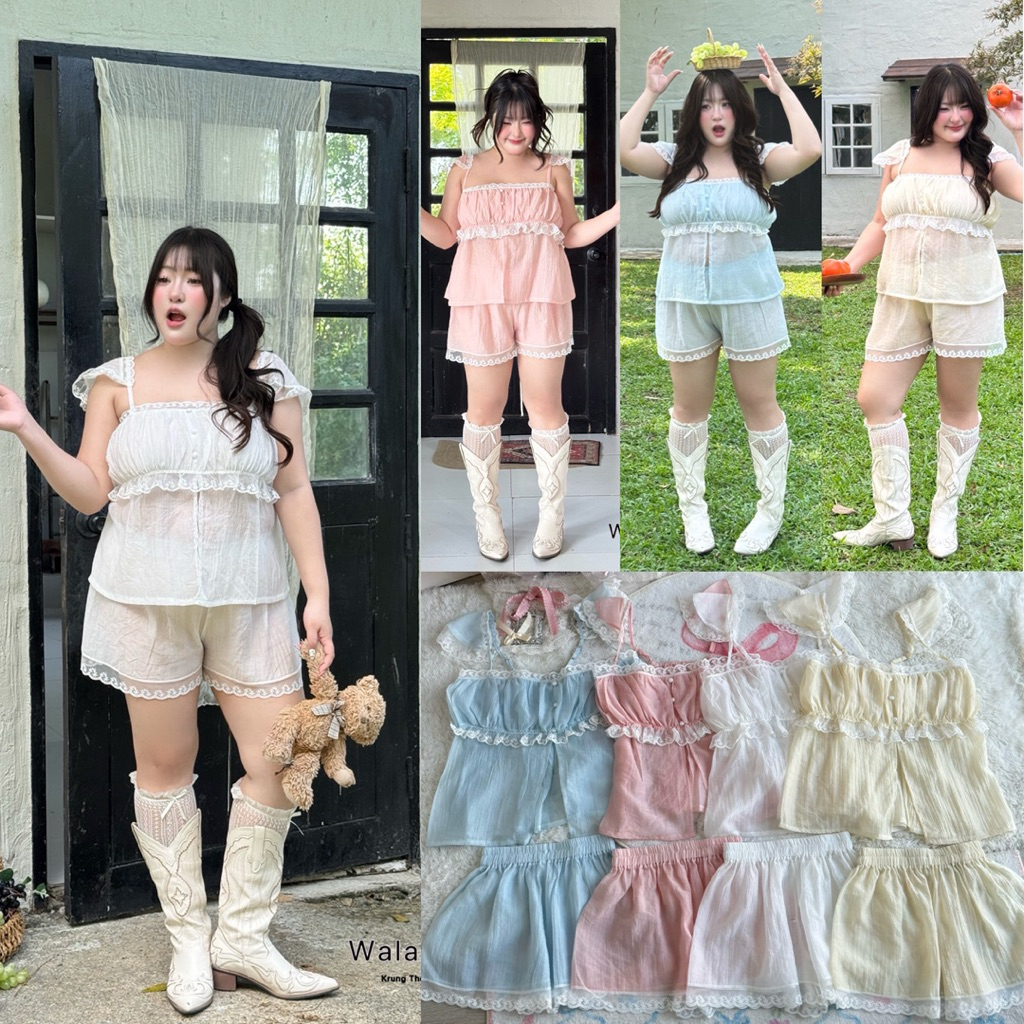 /WP/ ชุดเซ็ตหวานละมุน มีไซส์อก38-52 เสื้ออกและบ่าแต่งลูกไม้+กางเกงสม็อครอบแต่งชายลูกไม้ โทนสีพาสเทล น่ารักมาก #พลัสไซส์