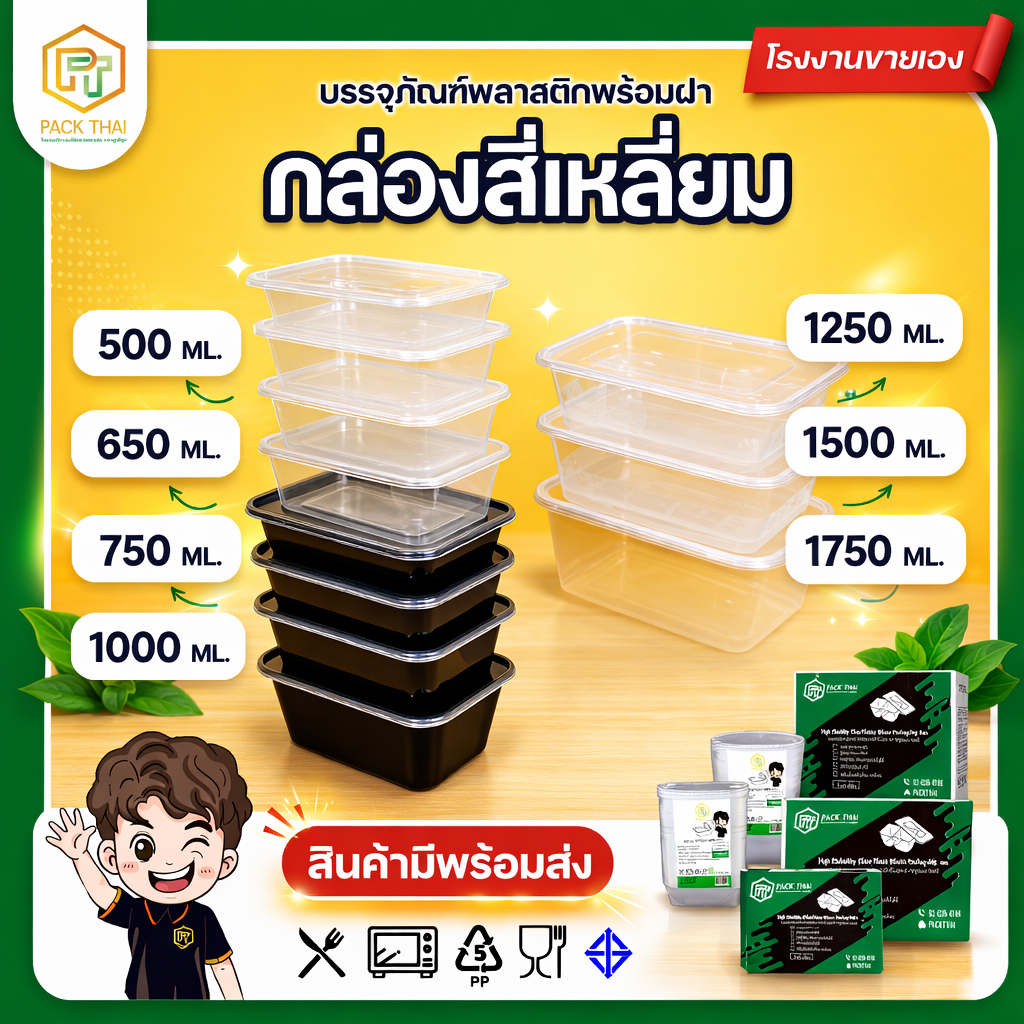 (ยกลัง300 ชิ้น)/กล่องใส่อาหาร PP 1 ช่อง เข้าไมโครเวฟได้ 500-1750 ml กล่องอาหารพลาสติก ฝาปิดแน่น ใส/ดำ