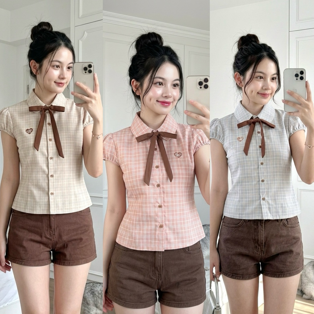 แถมโบว์ผูก 🌟Mamildya.shop🌟 เสื้อเชิ้ตแขนสั้นคอปกทรงปกโค้ง งานแขนพองสม็อคยืด/ V1-2/COOK-ริบใหญ่⚫