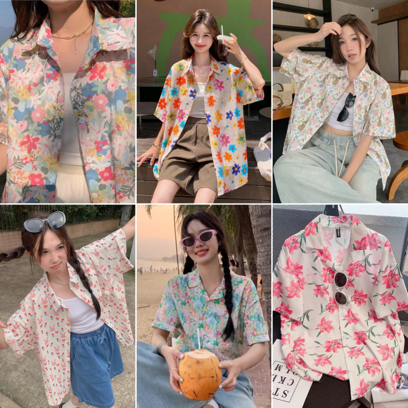 Bella Shop เสื้อลายดอกไม้สงกรานต์ สไตล์เกาหลี แขนสั้น