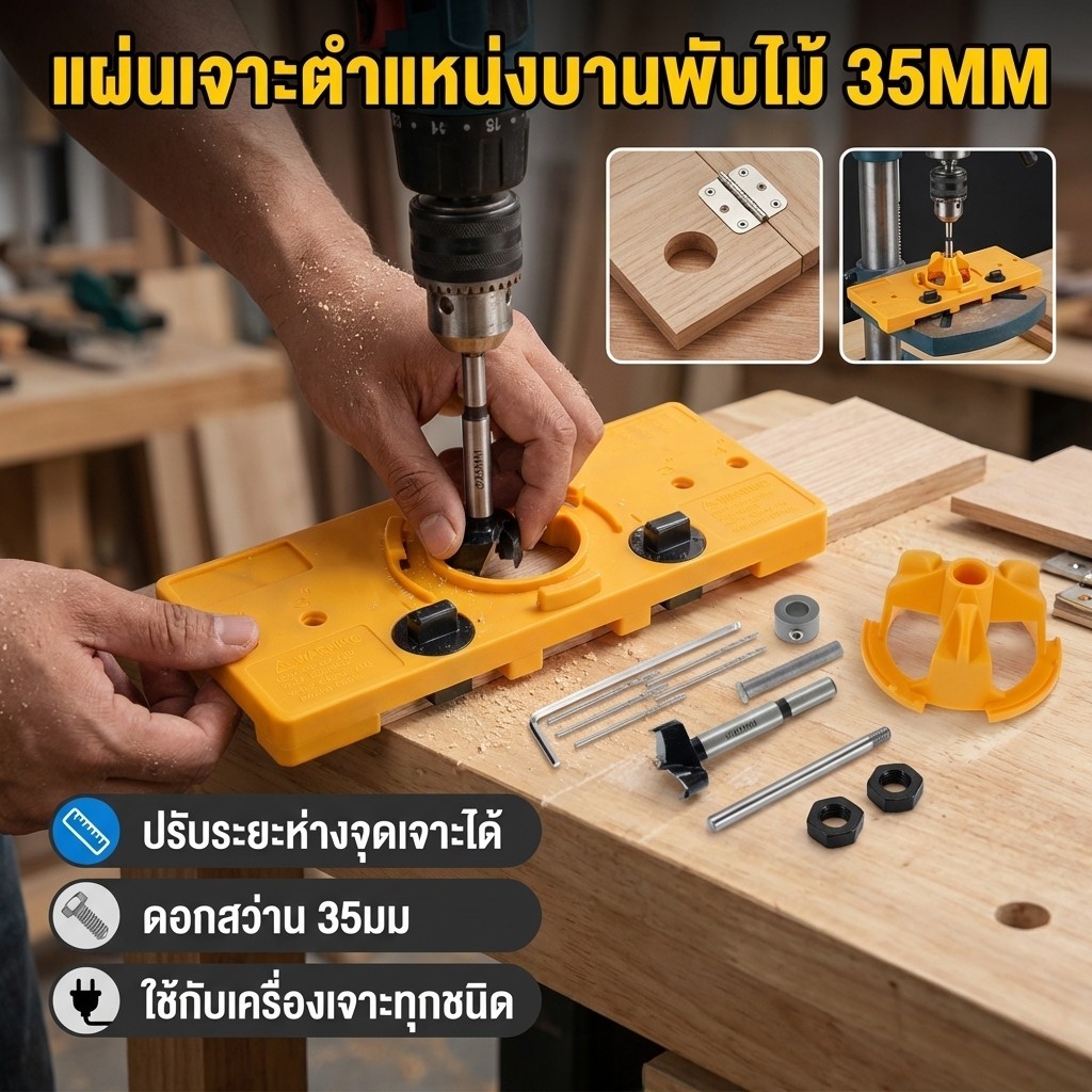 (เครื่องมือติดตั้งบานพับ) ชุดเจาะตำแหน่งรูบานพับซ่อน 35มม. แม่นยำ ทนทาน ใช้ติดตั้งบานตู้หรือประตูไม้ได้อย่างสมบูรณ์แบบ