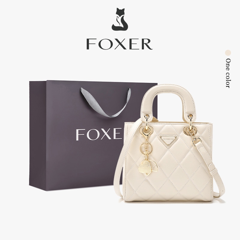 FOXERกระเป๋าถือลายสกินจัตุรัส กระเป๋าสี่เหลี่ยมขนาดเล็กสีครีมนวล กระเป๋าสะพายไหล่สตรี ของขวัญวันเกิด