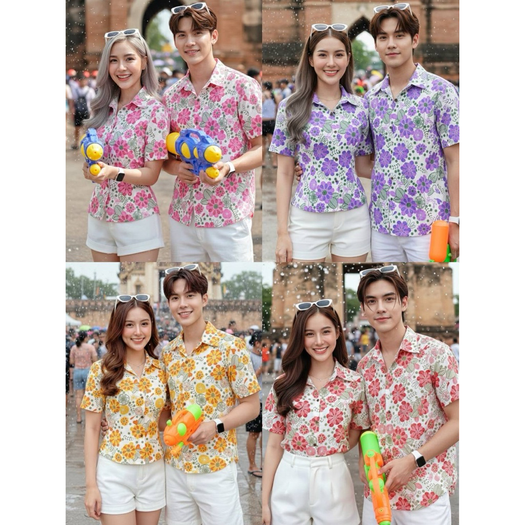 เสื้อพื้นเมืองคู่คอเชิ๊ตชาย/หญิงลายดอกชบา.