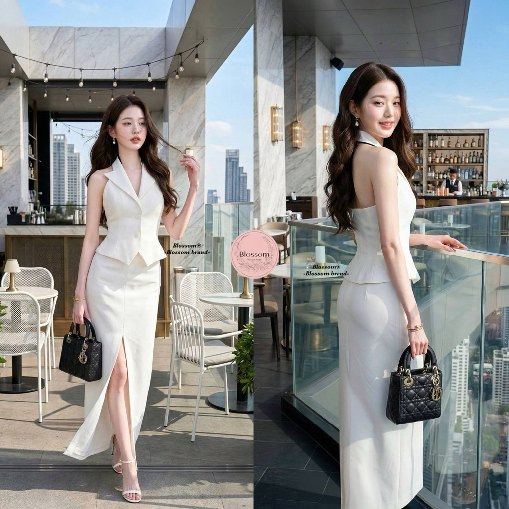 Blossom•ชุดเซ็ต 2 ชิ้น โทนขาว เสื้อเบลเซอร์แขนกุดเปิดหลังทรงเข้ารูป ++กระโปรงยาวผ่าหน้ากำลังดี
