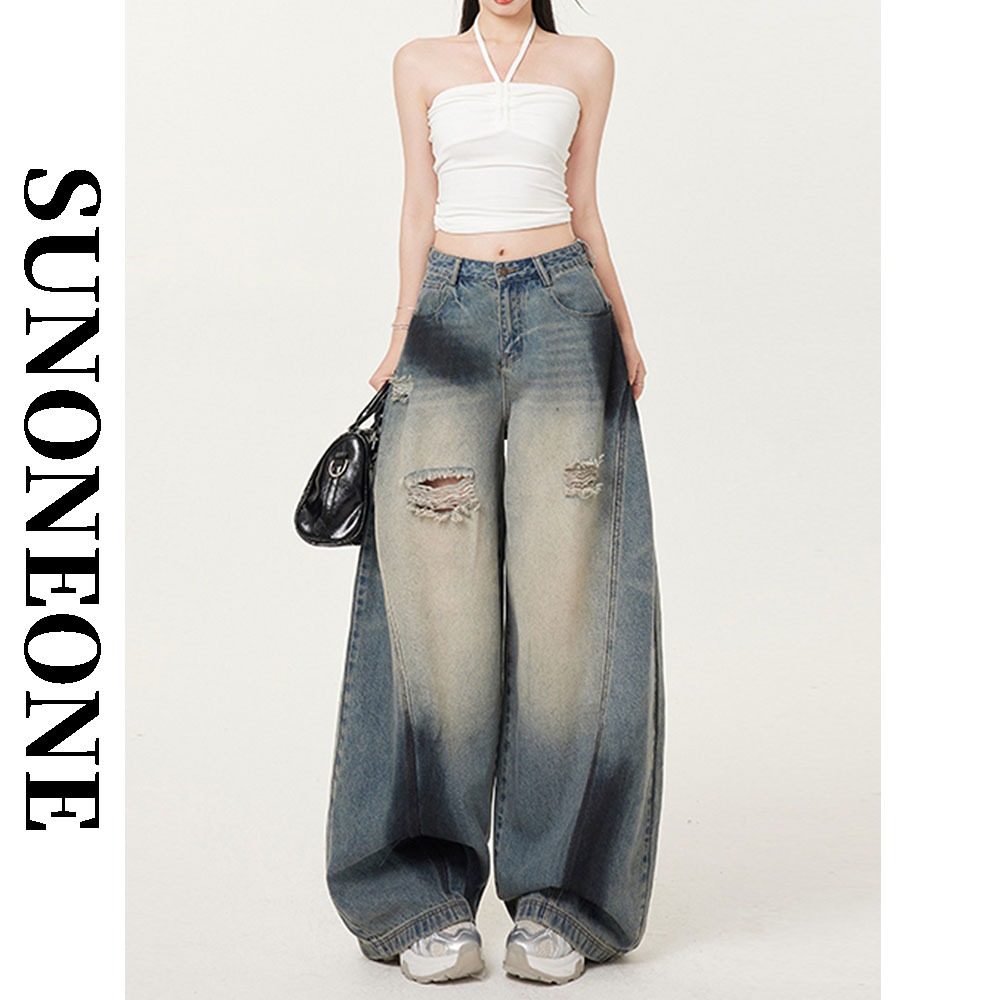 กางเกงยีนส์ผู้หญิงทรงกว้างขาบาน แบบวินเทจขาด ทรงหลวมเอวสูง ดีไซน์ oversize