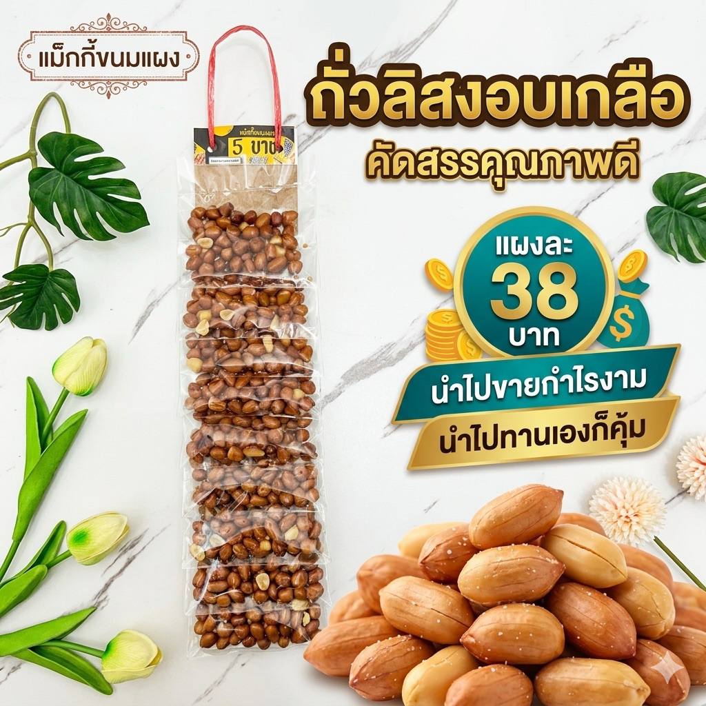 ถั่วลิสงอบเกลือ กินเล่น กับแกล้ม ขนมแผง 38 บาท มีทั้งหมด 10 ชิ้น อร่อยคุ้มค่าราคาสบายกระเป๋า