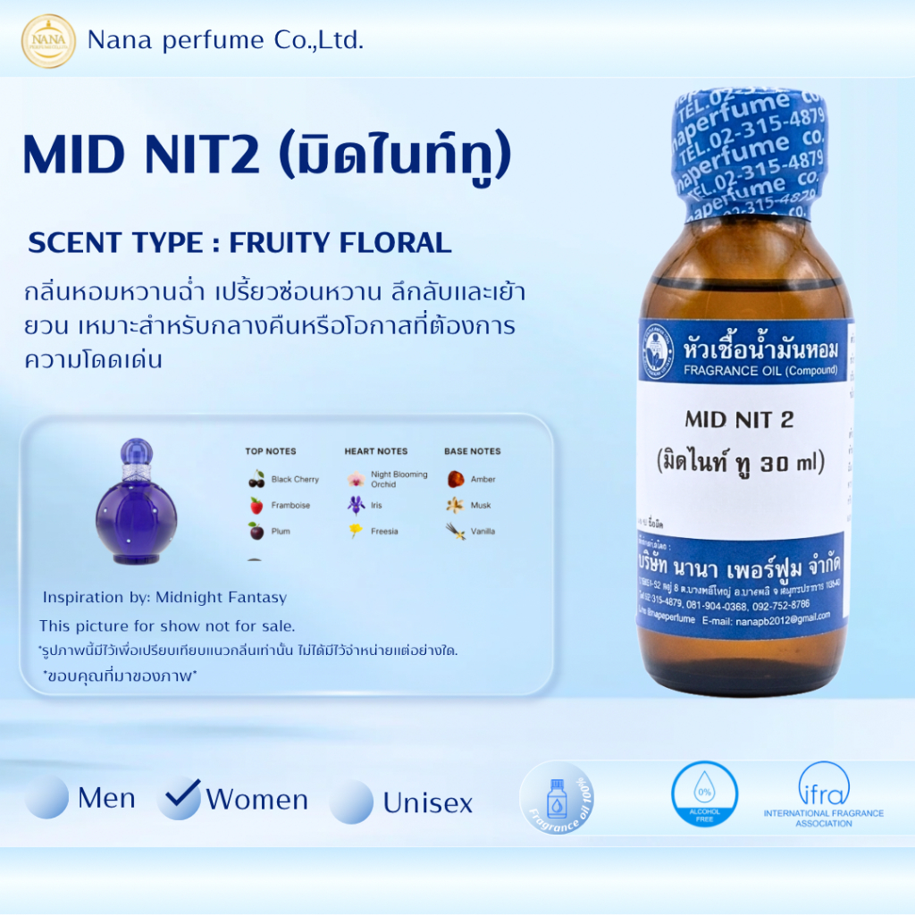 หัวเชื้อน้ำหอม 100% ขนาด30-100 ml.กลิ่นมิดไนท์ (MID NIT2)