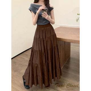 IT099 TARA SKIRT กระโปรงยาว เอวสูง ทรงบอลลูน แต่งระบาย 5 ชั้น สม็อครอบเอว ผ้าไหมอิตาลี ผ้าดี ใส่สบาย ไม่ต้องรีด