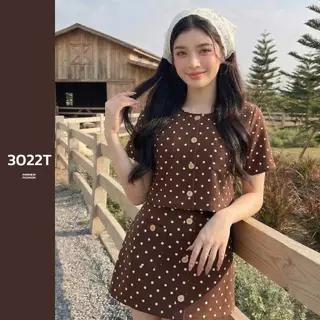 ANNNEW ชุดเซ็ทผ้ายืดมูลเวฟเสื้อคลุมลายจุด+กางเกงกระโปรง 3022T