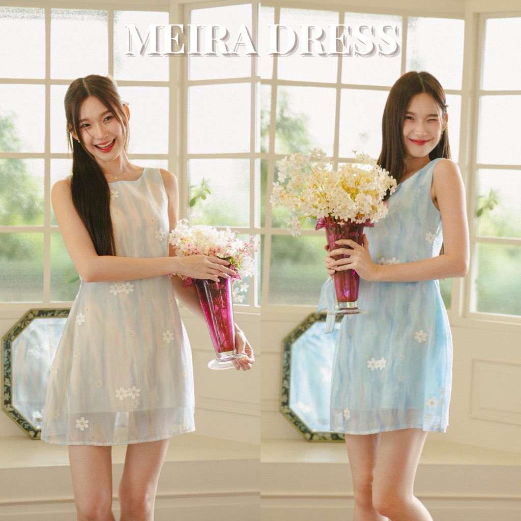 DR0448 LABELLE รุ่น Meira Dress ลายดอกไม้สีฟ้าน่ารัก
