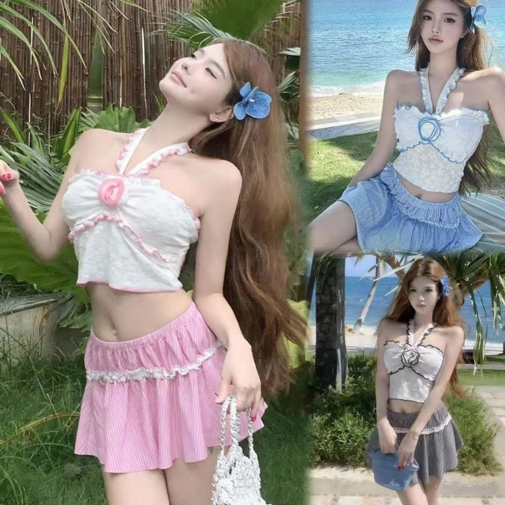 🌸พร้อ​มส่ง🌸ชุดว่ายน้ำบิกินี่ 3 ชิ้น เสื้อสายเดี่ยวสไตล์ไทยกับกระโปรงลายทาง รุ่นใหม่ ด้วยฟองน้ำ