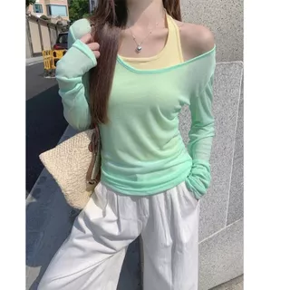 เสื้อคลุมกันแดดแขนยาวผ้าโปร่งบางสีขาวคอวีสำหรับผู้หญิง ทำจากผ้าไหมน้ำแข็งเนื้อบางเบา เหมาะสำหรับฤดูร้อน