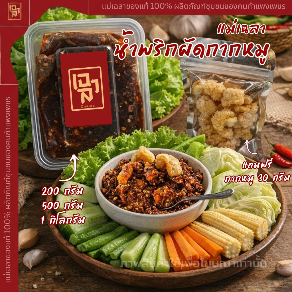 น้ำพริกผัดหมูใส่กากหมูแม่เฉลา ขนาด 200กรัม 500กรัม 1กิโลกรัม  [แถมฟรีกากหมู] ใช้โค้ดรับส่วนลด20บาท