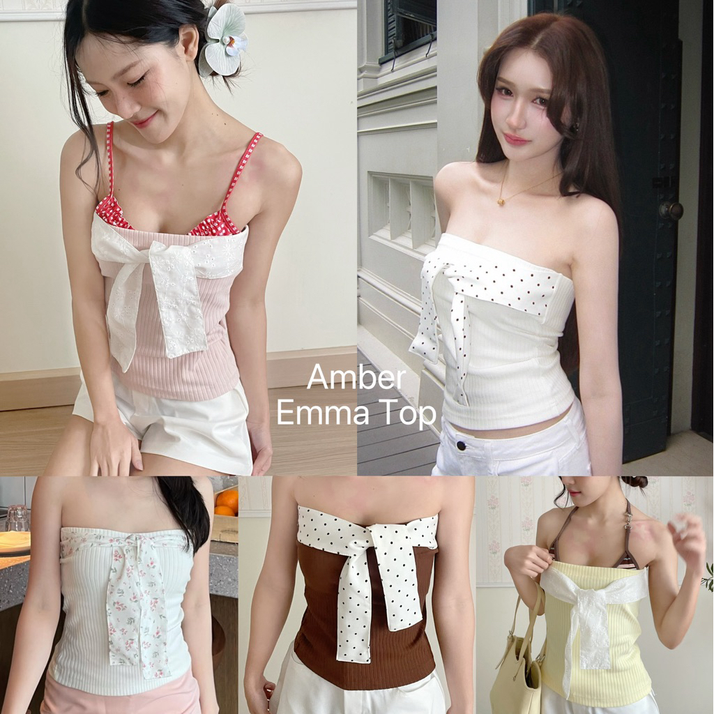 Amber เกาะอก Emma Top เรียบเเต่มีลูกเล่นน่ารักๆ มีสายผ้าลายจุดเเละลายลูกไม้ เนื้อผ้าหนาใส่สบาย