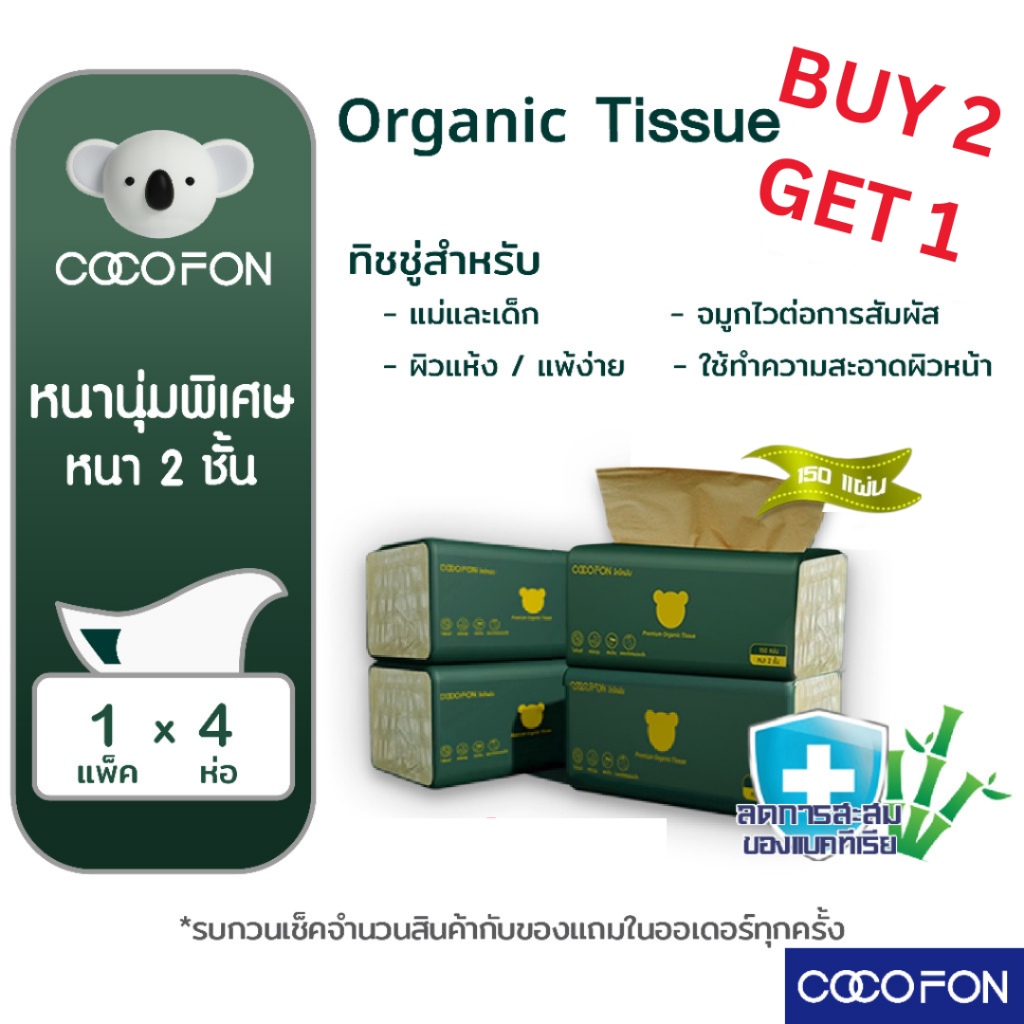ซื้อ2แถม1 กระดาษเช็ดหน้า COCOFON หนา2ชั้น 150แผ่น แพ็ค4ห่อ ออร์แกนิค ทิชชู่ Organic Tissue