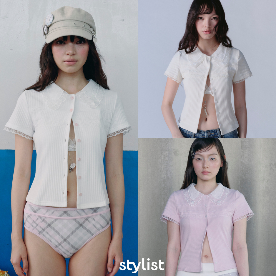 STYLIST x Brinkkty - Blouse -Melly-003  -  เสื้อแขนสั้นคอบัวผ้าลูกไม้