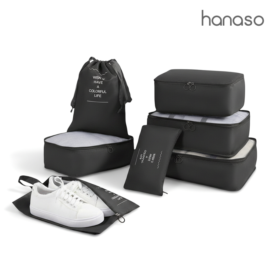 Hanaso กระเป๋าจัดระเบียบ travel bag สีดำ 7 ชิ้นอุปกรณ์เสริมสำหรับเดินทาง ถุงเก็บผ้า ประหยัดพื้นที่ เดินทาง